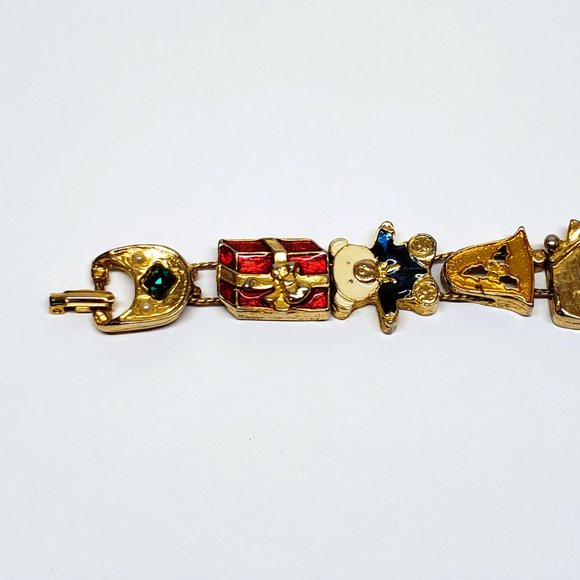 Vintage Christmas Charm Bracelet Enamel Two Chain Gold Tone Bear Poinsettia 7" - Picture 3 of 6